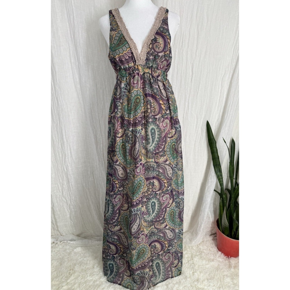 Vtg Y2K Boho Paisley Maxi Dress M Deep V Wedding Guest Sheer Overlay babydoll